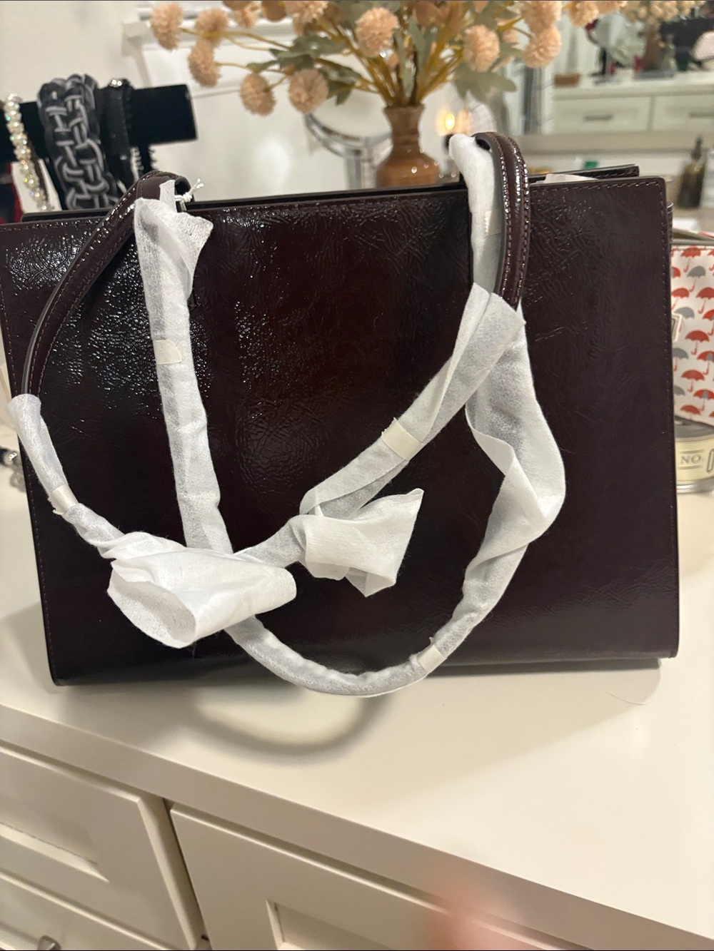 Tory Burch Patent Leather Top-Handle Tote with Gold Logo in burgundy - Picture 2 of 3